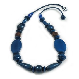 Avalaya Blue Wooden/Glass Beaded Cotton Cord Necklace with Button/Loop Closure - 60cm Long