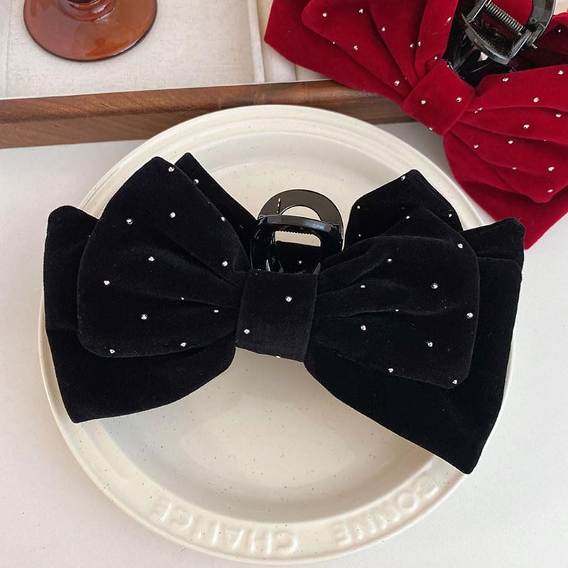 Hair Clips, Large Bows, Tight, Velour Type, Rhinestones, Hair Clips,