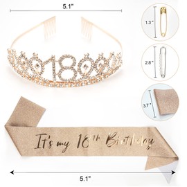 18th Birthday Sash Tiara and Crowns for Girls,Birthday Queen Gold Tiara for Women,Princess Tiara Rhinestone Headbands with Combs Bridal Wedding Tiaras for Wedding Prom Bridal Party Costume Christmas