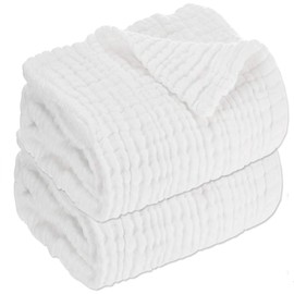 Baby Muslin Bath Towels - Set of 2 Large Size 43X43 Inches Swaddle Blanket for Newborn Toddlers Boys Girls - Suitable for Baby's Delicate Skin(White)