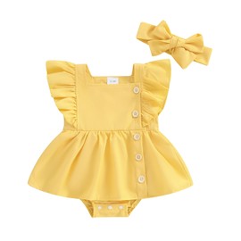 Newborn Baby Girl Summer Clothes Romper Dress Ruffle Sleeve Solid Color Outfits with Headband (A-Yellow, 6-12 Months)