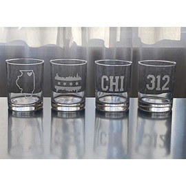 Chicago Rocks Glasses Gift Set- 4 Double Rocks Glasses - Chicago - Illinois - Chicago Whisky - Barware - Bourbon - Chicago Gift