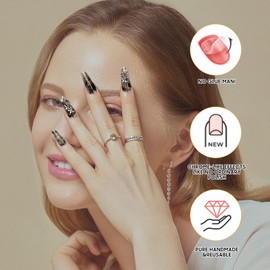 WEN`S WEN Press On Nails Handmade Hand Painted Reusable Gel Finished Pre Shaped False Nails for Women 10pcs 3D Handmade Nails (Black, Size M 10 PCS)