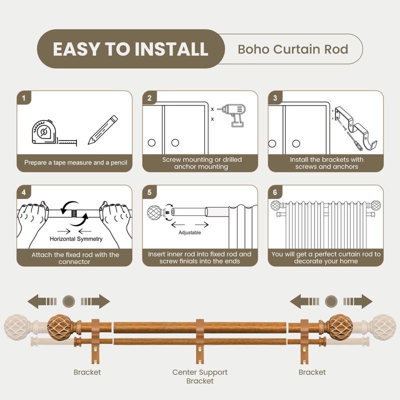 TKZTKZ Wood Double Curtain Rod,1" Adjust Farmhouse Boho Wooden Rods,36-88"