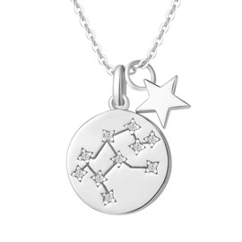 Zodiac Sign Necklace Made of Solid 925 Sterling Silver with White Gold Plated 15 mm Diameter Pendant Necklace Simple Minimalist Gift Jewellery for Women Girls, Adjustable Chain Length: 40 cm + 5 cm., Silver