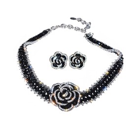 Flower Earrings and Necklace Sets for women, Rhinestone Black Camellia Pendant Women Crystal Jewelry Sets, Chain Choker for Women Teen Girls Bride,Wedding Party Dress Prom