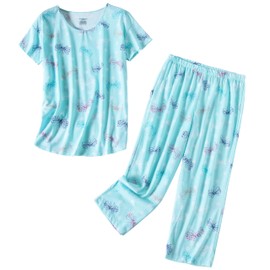 PNAEONG Women’s Pajama Set - Sleepwear Tops with Capri Pants Casual and Fun Prints Pajama Sets SY215-Dragonfly-3XL