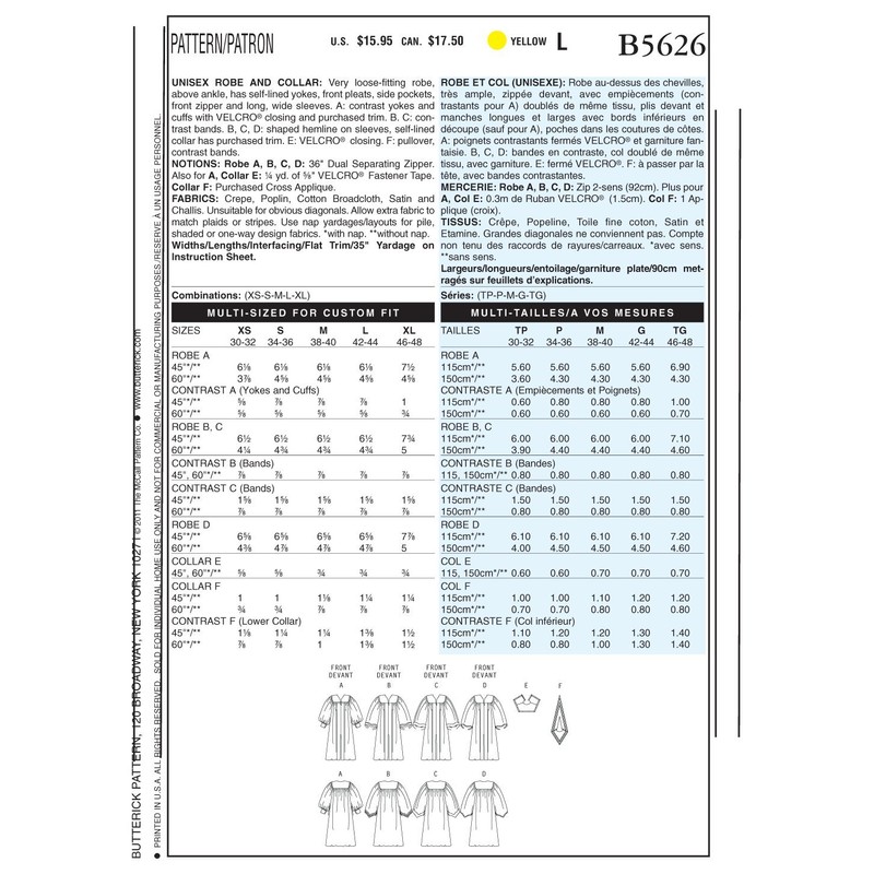 BUTTERICK PATTERNS B5626 Unisex Robe and Collar
