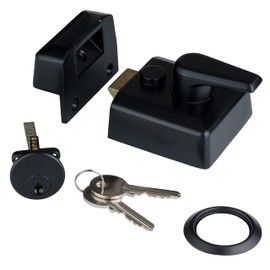 XFORT 40mm Matt Black Night Latch Narrow Complete with Rim Cylinder, Lock Case, Two Keys and Trim Ring, Door Lock Provides Increased Home Security, for Front Door Lock.