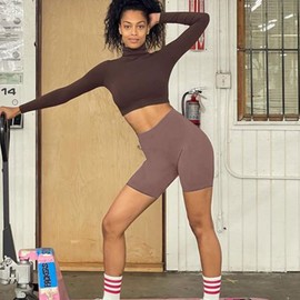 Paquete de 3 pantalones cortos de motociclista para mujer, 8 pulgadas/5 pulgadas, cintura alta, control de abdomen, entrenamiento, yoga, correr, pantalones cortos deportivos, Negro/Gris Oscuro/café