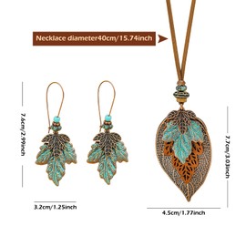 ROJEMXVE Wooden Leather Maple Leaf Necklaces Set Long Earrings Jewelry Hemp Rope Chain Plated Bronze Pendant Bohemian Wood Stack Discs Ethnic Tribal Fall Leaf Statement Necklace