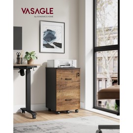 VASAGLE 2-Drawer File Cabinet, Locking Filing Cabinet for Home Office, Small Rolling File Cabinet, Printer Stand, A4, Letter-Size Hanging File Folders, Honey Brown and Ink Black ULCD027B01