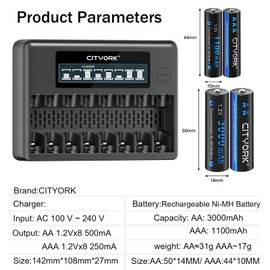 CITYORK Rechargeable AA AAA Batteries with Charger, 8 Pack AA-3000mAh & 8 Pack AAA1100mAh Batteries with 8 Bay LCD Smart Charger for 1.2V AA/AAA NiMH/NiCd Rechargeable Batteries