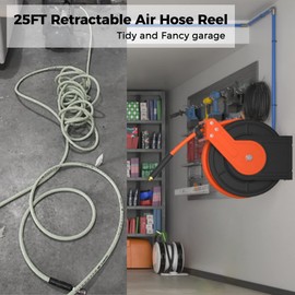 Giraffe Tools TA10B Air Hose Reel 25 ft Retractable Wall Mount Air Compressor Heavy Duty Steel Auto Rewind 300PSI, 25ft, Tangelo