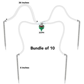 4 Way Automatic Irrigation Dripper Stake Assembly – Pressure Compensating Irrigation System with Soft Tubing, Anti-Clog Emitters for Gardens & Greenhouses (10, 2GPH - 36Inches)