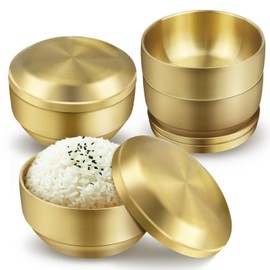 4Pcs Stainless Steel Rice Bowl with Lid 4.7In, 13 oz Double-Walled Insulated Metal Snack Bowls, Small Metal Serving Bowls, Appetizer Bowls Gold for Sauces, Noodles, Ice Cream, Oat, Cereal (4)