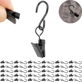 Curtain Clips with S Hooks, Pack of 30, in Black, with Diameter 13 mm Hook Eyelet, 60 mm Long Curtain Hooks, Curtain Clips with S Hooks, Curtain Clips with Running Hooks, Multi-Purpose Curtain Clips