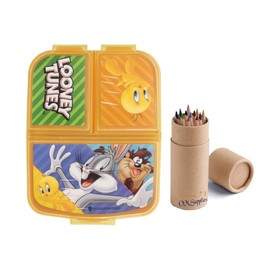 OM SUPPLIES Looney Tunes Heroes Reusable Sandwich Lunch Box 3 Multi Compartment Kids Children School Includes Half Size 12pcs Pencil Set (Looney)