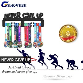 GENOVESE Medal Holder Display Hanger Rack,Black Never Give Up,Sturdy Steel Metal,Wall Mounted Race Medals-30cm