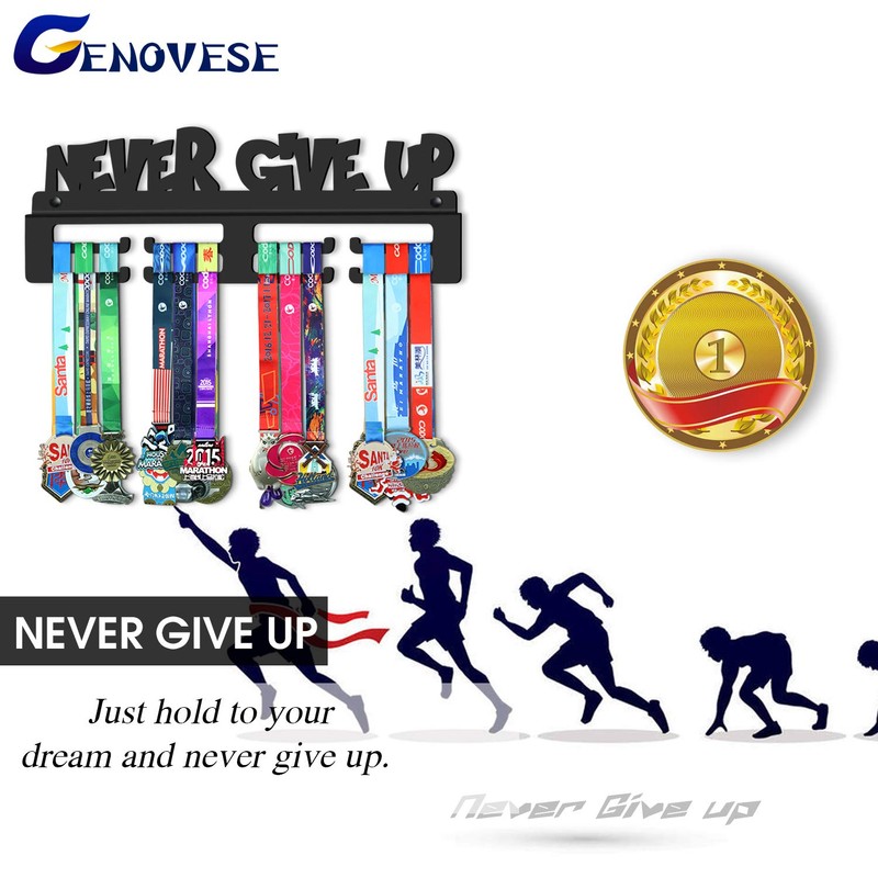 GENOVESE Medal Holder Display Hanger Rack,Black Never Give Up,Sturdy Steel