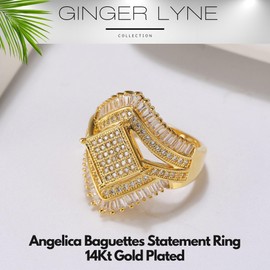 Angelica Statement Ring for Women by Ginger Lyne | 14Kt Yellow Gold Plated Big and Bold Baguette Pave Set Simulated Diamond Cubic Zirconia Cocktail Style