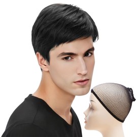 ZGDEIWGF 1 Black Wig, 1 Hairnet, Men's Wig with Side Bangs, Short Wig, Synthetic Hair, Masquerade, Character Party Fancy Dress