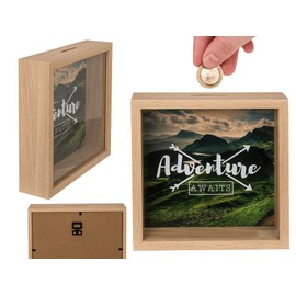 Wooden Money Box Save Adventure Money Box Money Box Coin Money Box Original Adventure Awaits (20 x 20 cm) with Hanger