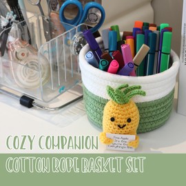 Sea Team Small Cotton Rope Basket with Handmade Positive Pineapple Crochet Doll and Emotional Support Card, Pen Holder, Desk Organizer, Stationery Container, 5.5 x 4 Inches