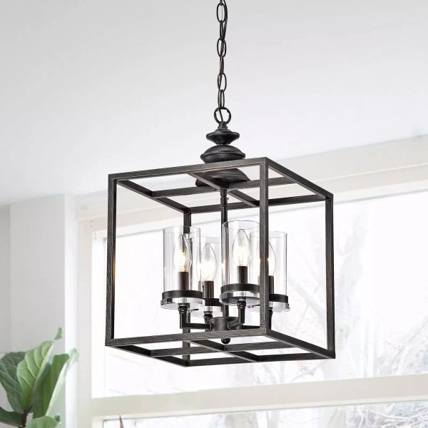 Unbranded Black 4-Light Lantern Pendant Cage Fixture Geometric Lighting Hanging