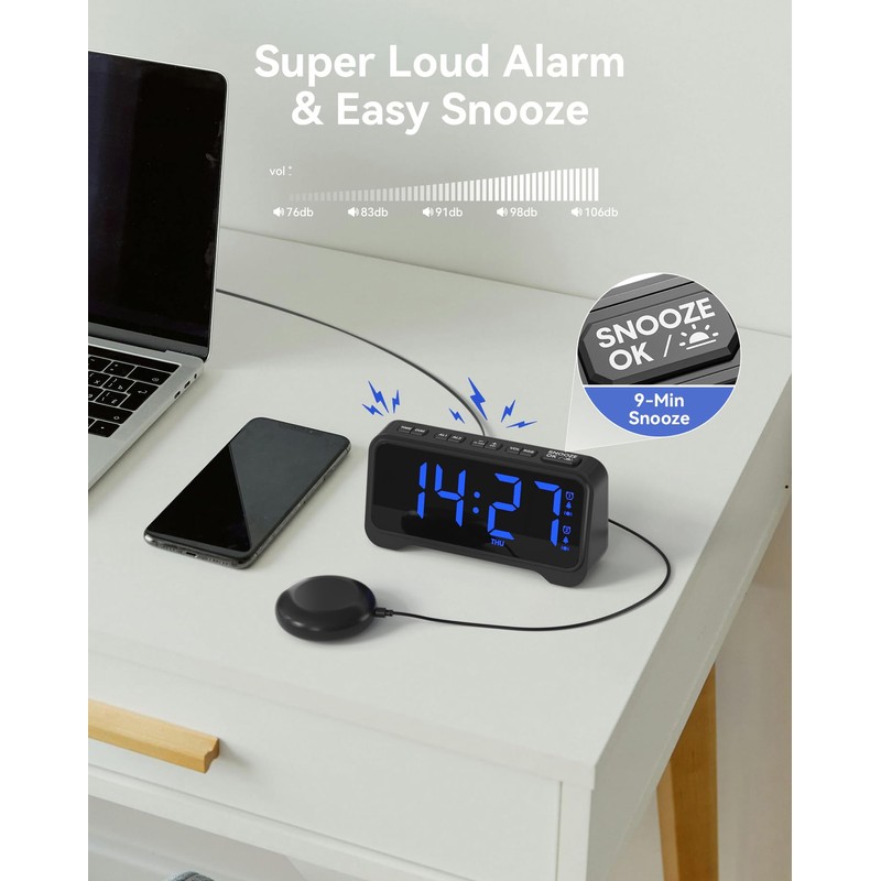 Vibrating Alarm Clock for Heavy Sleepers, Digital Alarm Clock with