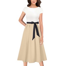 VFSHOW Womens 2025 Summer Work Business Midi Dresses Belted Pockets Office Slimming A-Line Colorblock Fit and Flare Dress (Off White, XXX-Large) 11823 WHT 3XL