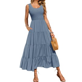 CzzzyL Breastfeeding Sleeveless Flowy Pregnancy Wedding Guest Dresses for Women Smocking Elastic Crewneck Maxi with Pockets(Grey Blue, Small)