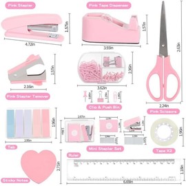 OHAOLYLE Pink Office Supplies Set Desk Accessories Kit Include Stapler,1000pcs Staples,Stapler Remover,Clips,Tape,Tape Holder,Scissor,Ruler and Tabs