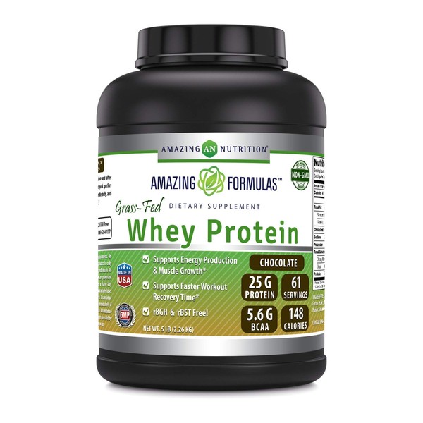 Amazing Formulas Grass FED Whey Protein (Non-GMO, Gluten Free) -Made with Natural Sweetener and Flavor - rBGH & RBST Free -Supports Energy Production & Muscle Growth (Chocolate 5 Lb)