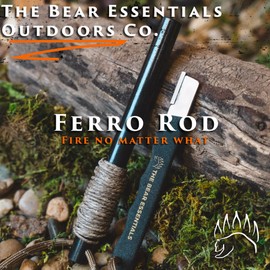 The Bear Essentials - 6" x 1/2" Large Ferro Rod & Tungsten Striker Fire Starter Survival Kit, Reflective Paracord, Waxed Hemp & Burlap Sack -20,000+ Strikes
