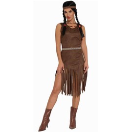 MIMIKRY Women's Indian Costume in Suede Look Brown Dress with Fringes Belt Headband Squaw Western Wild West Size: S