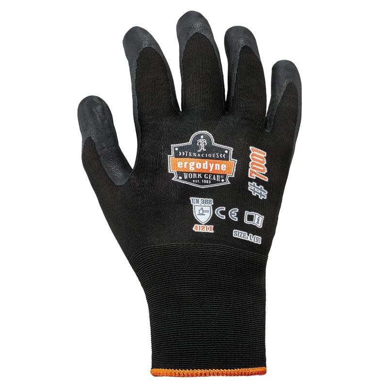 Nitrile Coated Work Gloves, High Dexterity, Ergodyne ProFlex 7001, Small,Black