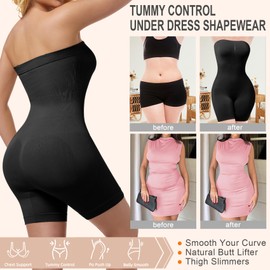 Betaven Strapless Shapewear Bodysuit Tummy Control Body Shaper Seamless Thigh Slimmer Butt Lifter for Under Dress,Black,S