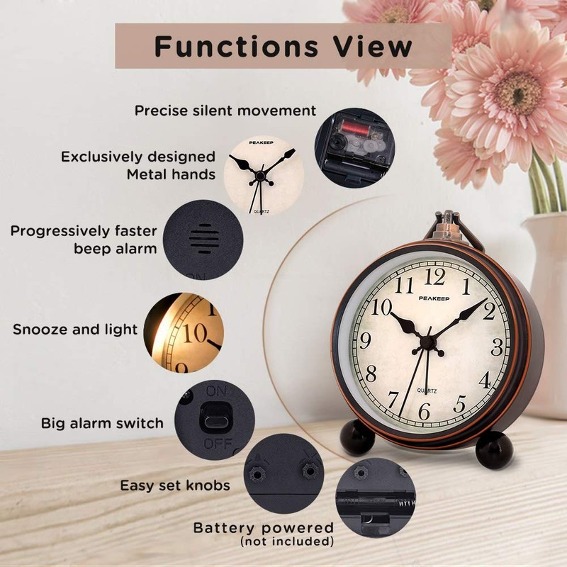 Peakeep 4" Small Battery Operated Antique Retro Analog Alarm Clock