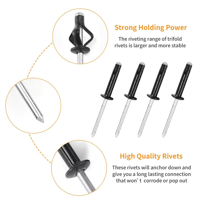 ALLCLEAN 3/16" x 1" Tri-Fold Rivets Assortment - 50Pcs,Black Tri-fold