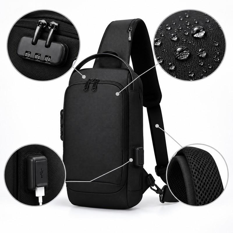 Anti-Theft Chest Bag with Combination Lock & USB Port –
