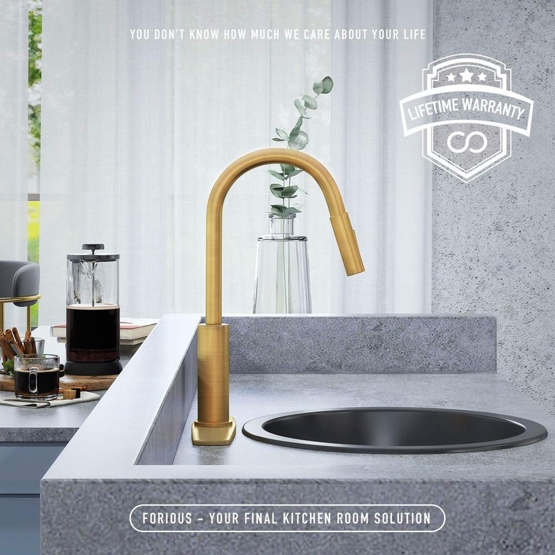 FORIOUS Gold Kitchen Faucet with Pull Down Sprayer, Kitchen Faucet