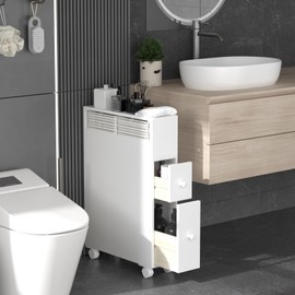 TY ARTS & CULTURE Bathroom Storage Cabinet One-Piece, Bathroom Floor Organizer with 2 Drawers, Bath Toilet Paper Holder for Small Space, No Installation & 360° Movable
