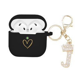 AIIEKZ Compatible with AirPods 4 Case Cover 2024, Soft Silicone Case with Gold Heart Pattern for AirPods 4th Generation Case with Rhinestone Studded Letter A-Z Keychain (J Black)