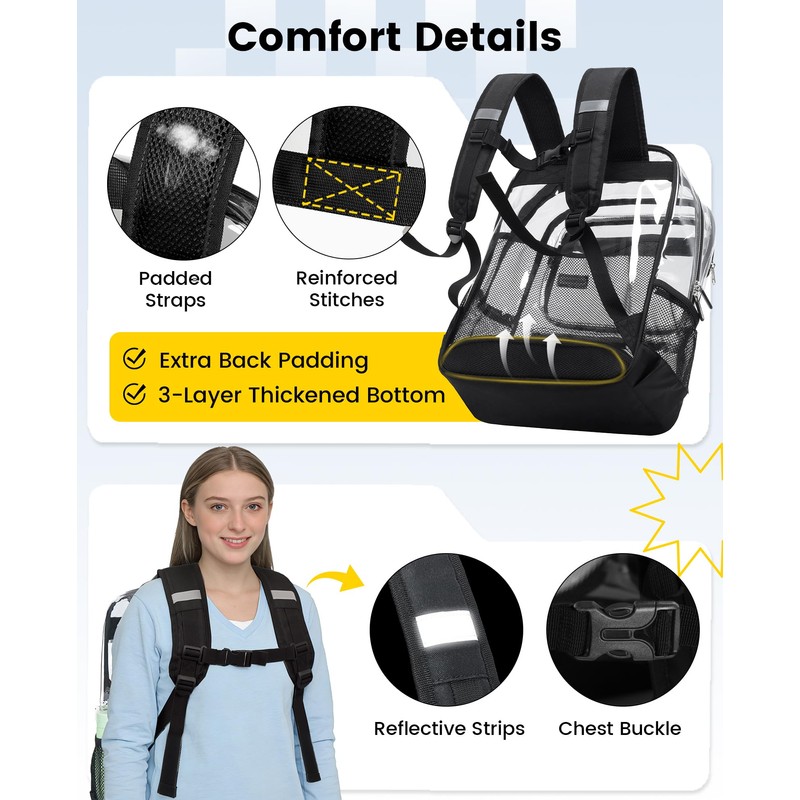Vorspack Clear Backpack with TSA Lock, Large Clear Bookbag, Black