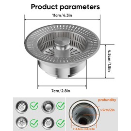 Kitchen Sink Drain Strainer and Stopper Combo, 3 in 1 Stainless Steel Pop-Up Sink Stopper & Drain Strainer for Standard Drains, Ideal Sink Protectors for Kitchen Sink