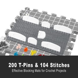 MEVOME Blocking Mats for Knitting 200 T-pins 100 Locking Stitch Markers, Extra Thick Block Boards Crochet Projects Grid Lines Needlepoint Knit Crocheting, 9 Foam Interlocking Mat Storage Bag (Gray)