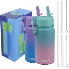 Kids Water Bottle, 12oz Water Bottles Kids with Straw and Stickers, Stainless Steel Vacuum Double Wall Insulated cup, Kids Water Bottle for School, Gifts for Girls (12OZ GREEN PINK+12OZ PURPLR BLUE)