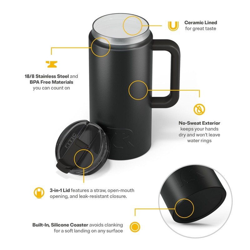 RTIC 64 oz Ceramic Lined Insulated Road Trip Tumbler, Leak-Resistant