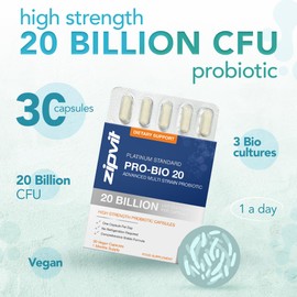 Zipvit Pro Bio 20 Billion CFU Probiotic, High Strength, 30 Vegan Probiotic Capsules for Men & Women, 3 Live Bacterial Cultures Including Lactobacillus & Bifidobacterium animalis